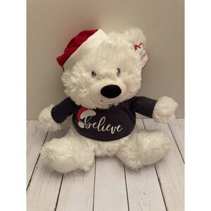 American Greetings White Bear Plush W/Santa Hat Gray Believe Sweater  NWT 12”